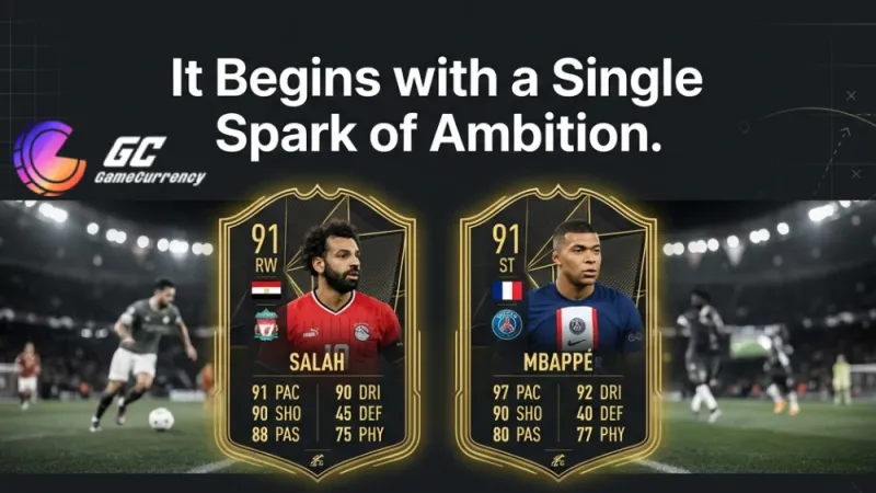 FC26 features dynamic player cards of Salah and Mbappe showcasing top-tier stats and ambition on the virtual pitch.