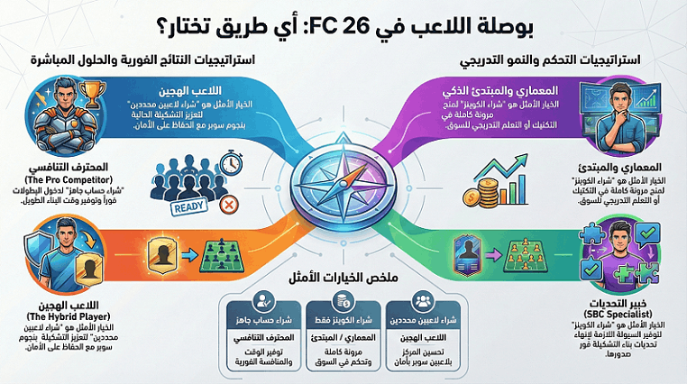 الاختيار بين شراء حساب FC 26 جاهز وبين شراء الكوينز بحسب طبيعة اللاعب