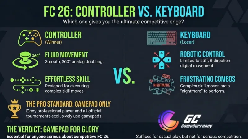 Comparison infographic highlighting why the FC26 controller offers fluid movement and effortless skill over keyboard’s robotic control and frustrating combos.