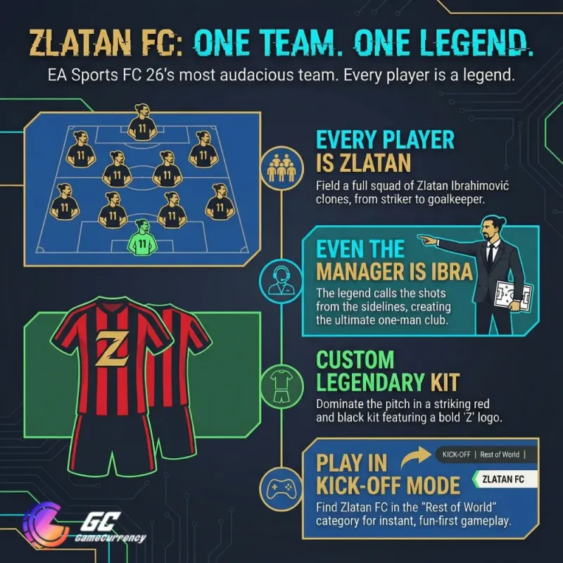 Zlatan FC in FC26 features a full squad of Zlatan Ibrahimović clones and a custom kit, delivering legendary gameplay excitement.