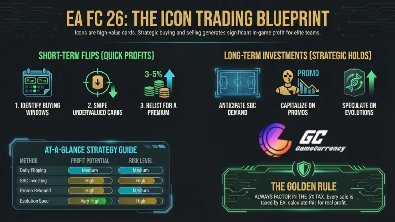 EA FC26 trading blueprint showing strategies for short-term flips and long-term investments to maximize in-game profits with icons.