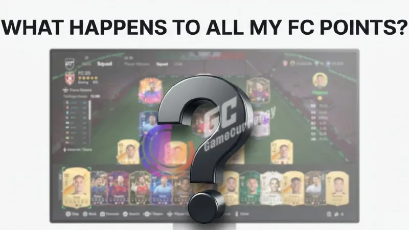 A gamer wonders about their FC26 points while viewing a detailed FIFA Ultimate Team squad screen with a large question mark overlay.