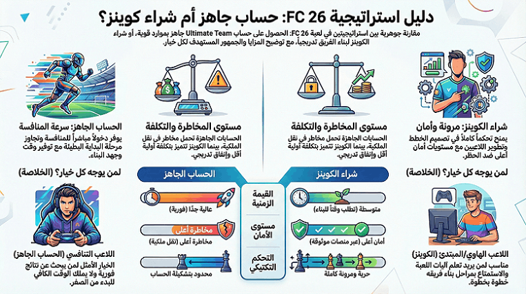 هل أختار شراء حسابات FC 26 جاهزة أم شراء كوينز
