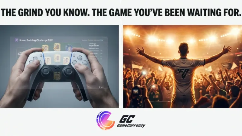 A gamer holds a controller focused on Squad Building Challenge in FC26, while a player celebrates victory before a cheering crowd.