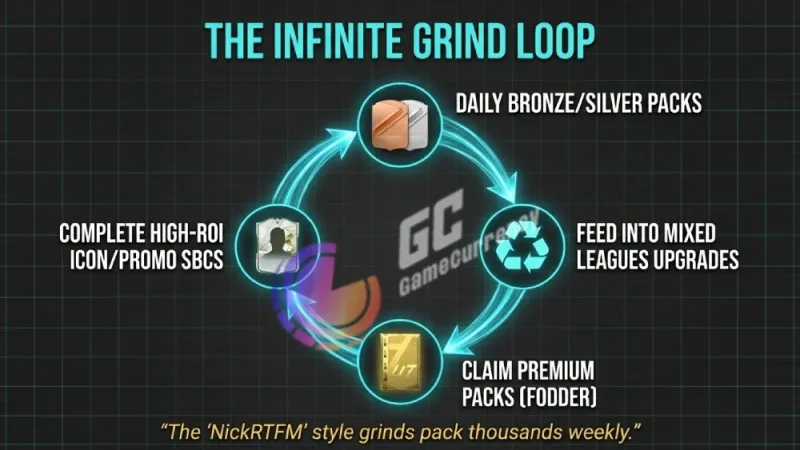 FC26 players use the infinite grind loop to maximize pack rewards by cycling bronze, silver, and premium packs efficiently.