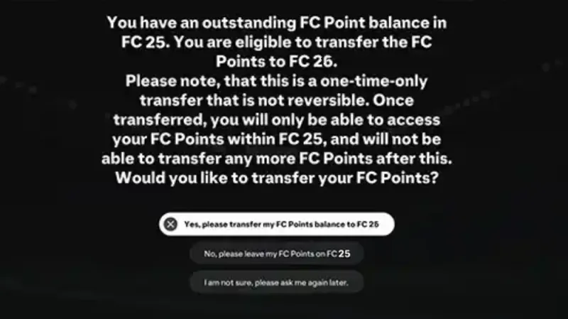 ea fc 26 FC Points log in pop up message