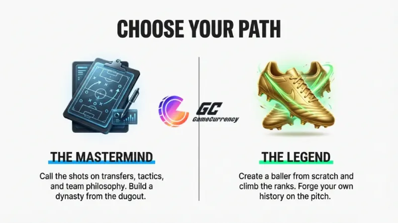 FC26 offers two paths: master the tactics as a manager or create a legendary player to rise through the ranks on the pitch.