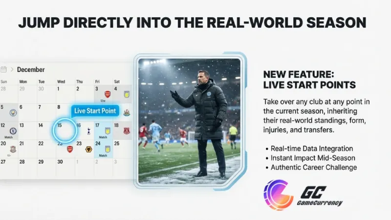 A focused football manager strategizes on a snowy pitch, highlighting FC26’s new Live Start Points feature for mid-season career challenges.